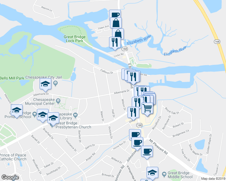 map of restaurants, bars, coffee shops, grocery stores, and more near 129 Hall Drive in Chesapeake