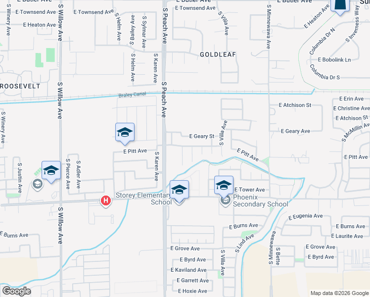 map of restaurants, bars, coffee shops, grocery stores, and more near 2303 South Bush Avenue in Fresno