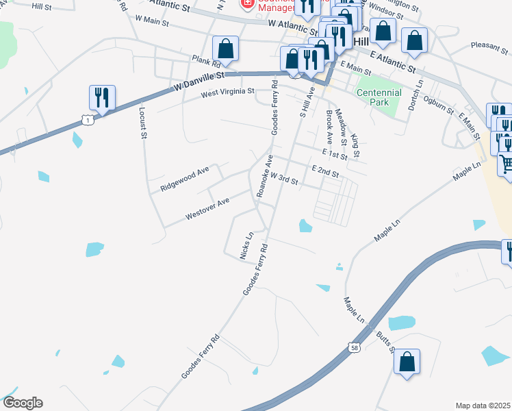 map of restaurants, bars, coffee shops, grocery stores, and more near 900-902 Goodes Ferry Rd in South Hill