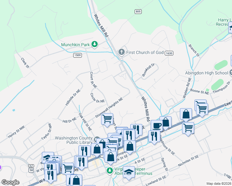 map of restaurants, bars, coffee shops, grocery stores, and more near 241 Stonewall Heights Northeast in Abingdon
