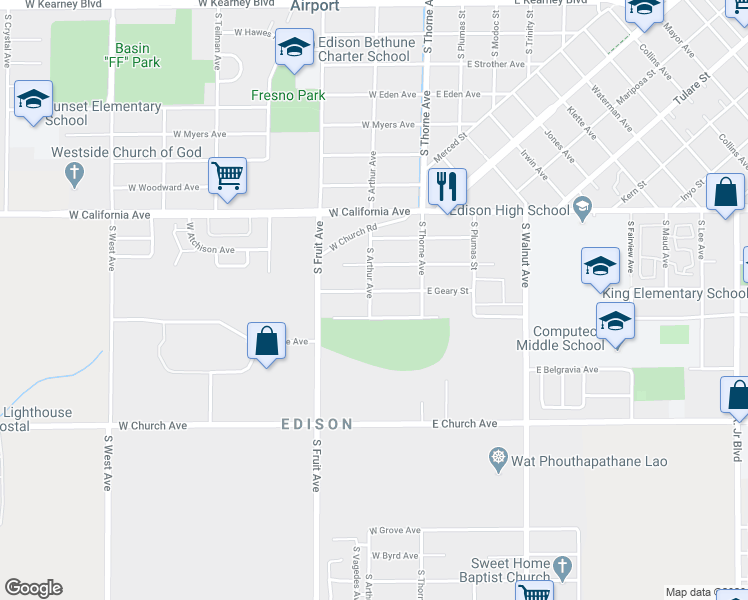 map of restaurants, bars, coffee shops, grocery stores, and more near 243 West Geary Street in Fresno