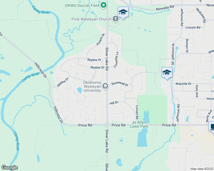 map of restaurants, bars, coffee shops, grocery stores, and more near 2201 Silver Lake Road in Bartlesville