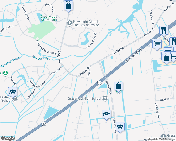 map of restaurants, bars, coffee shops, grocery stores, and more near 2111 Cedar Road in Chesapeake