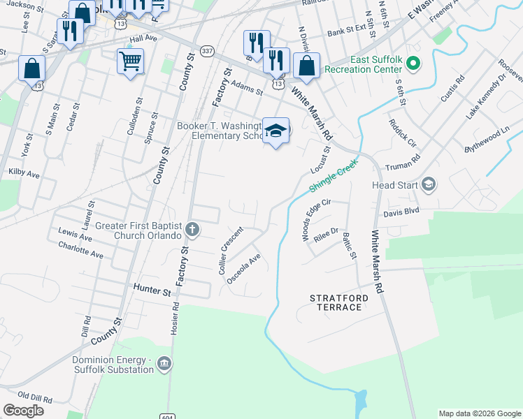 map of restaurants, bars, coffee shops, grocery stores, and more near 505 Shingle Creek Road in Suffolk