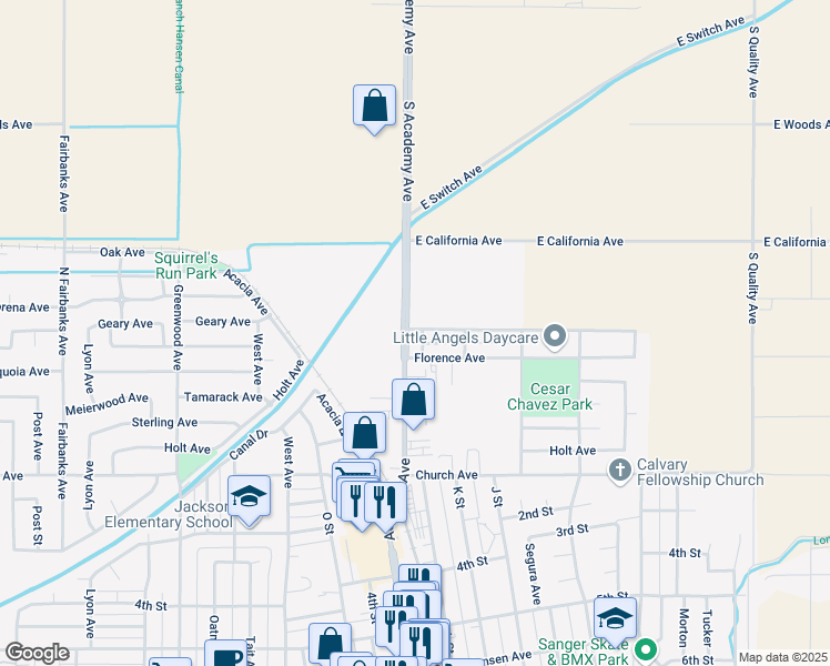 map of restaurants, bars, coffee shops, grocery stores, and more near 14 Academy Avenue in Sanger