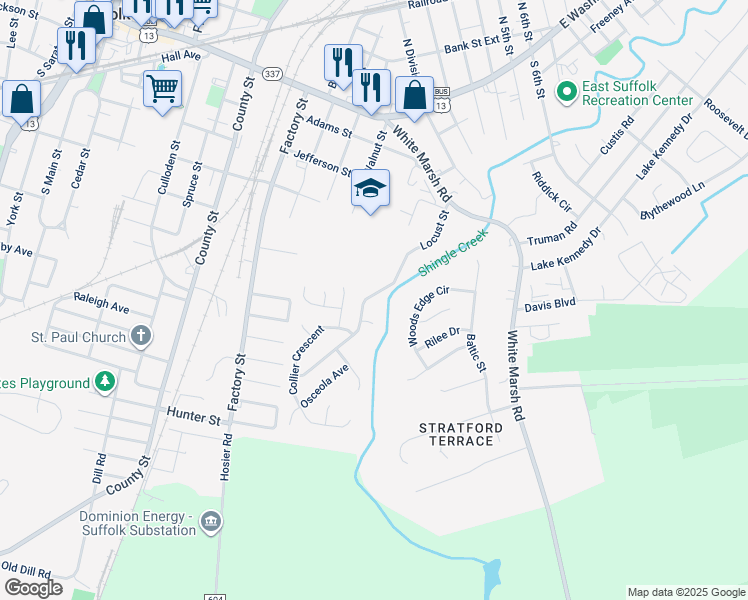 map of restaurants, bars, coffee shops, grocery stores, and more near 226 Locust Street in Suffolk