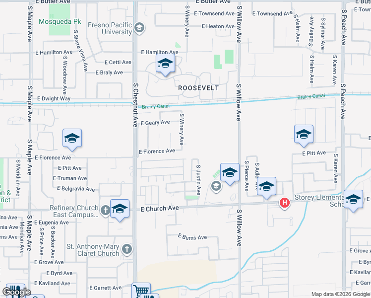 map of restaurants, bars, coffee shops, grocery stores, and more near 2275 South Winery Avenue in Fresno
