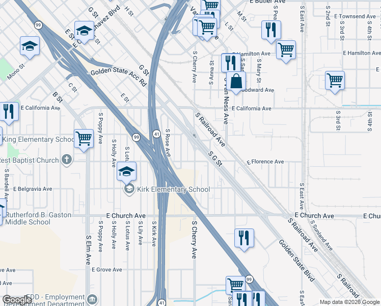 map of restaurants, bars, coffee shops, grocery stores, and more near 2251 South Nicholas Avenue in Fresno