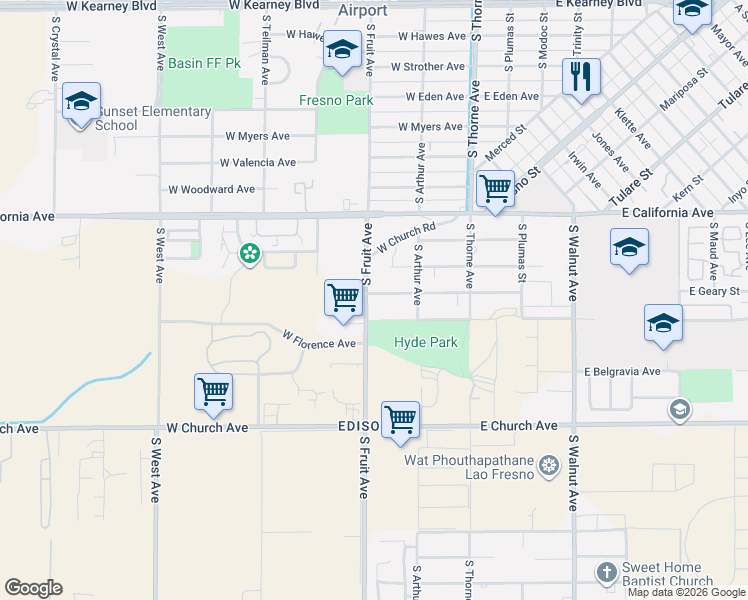 map of restaurants, bars, coffee shops, grocery stores, and more near 419 West Geary Street in Fresno