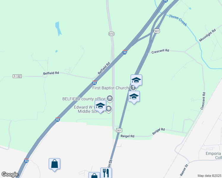 map of restaurants, bars, coffee shops, grocery stores, and more near 350 Slagles Lake Road in Emporia