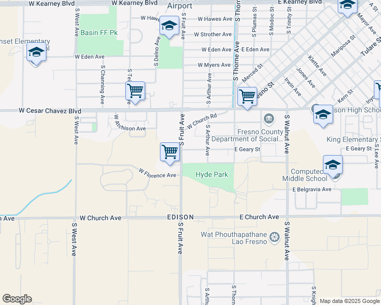 map of restaurants, bars, coffee shops, grocery stores, and more near 419 West Geary Street in Fresno
