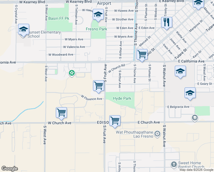 map of restaurants, bars, coffee shops, grocery stores, and more near 419 West Geary Street in Fresno