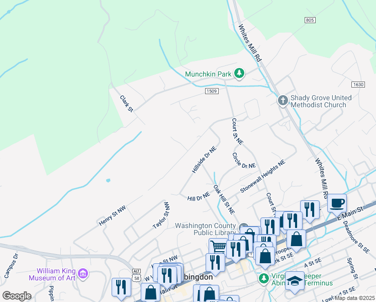 map of restaurants, bars, coffee shops, grocery stores, and more near 315 Crestview Drive Northeast in Abingdon