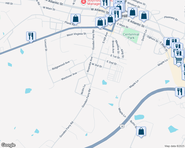 map of restaurants, bars, coffee shops, grocery stores, and more near 202 West 5th Street in South Hill