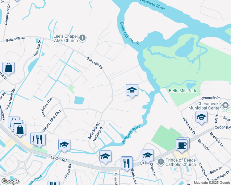 map of restaurants, bars, coffee shops, grocery stores, and more near 900 Bells Mill Road in Chesapeake