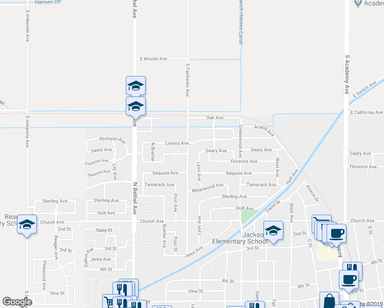 map of restaurants, bars, coffee shops, grocery stores, and more near 52 South Fairbanks Avenue in Sanger