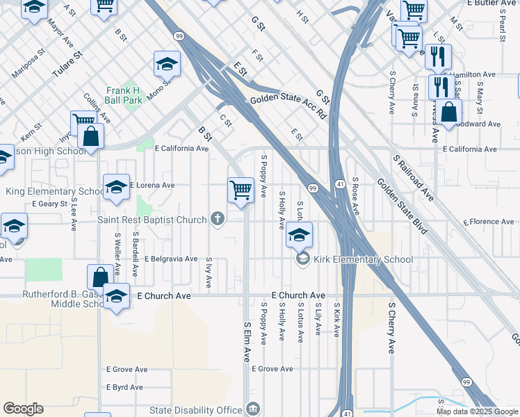 map of restaurants, bars, coffee shops, grocery stores, and more near 2266 South Poppy Avenue in Fresno