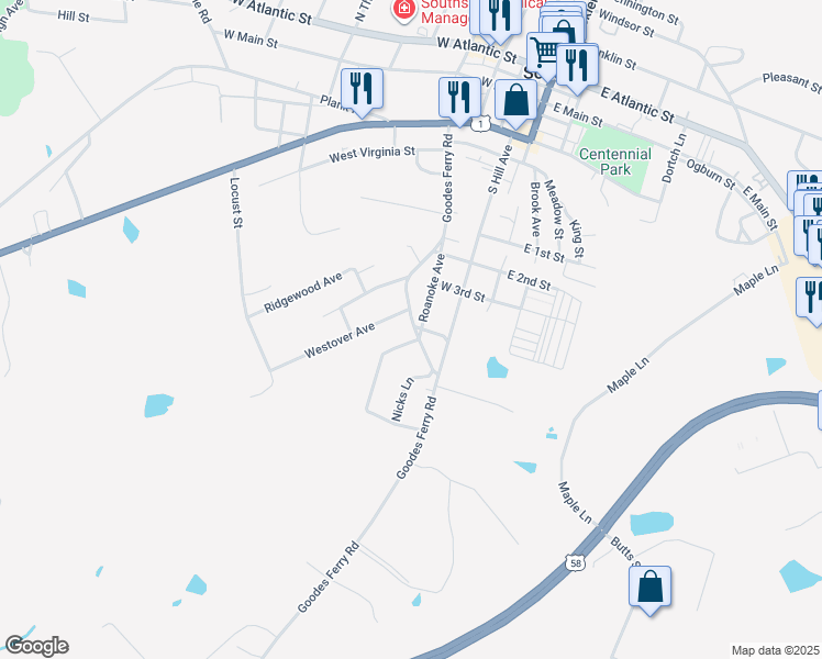 map of restaurants, bars, coffee shops, grocery stores, and more near 902 Goodes Ferry Rd in South Hill