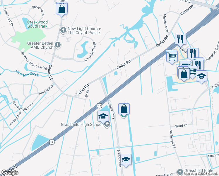 map of restaurants, bars, coffee shops, grocery stores, and more near 633 Erin Lane in Chesapeake