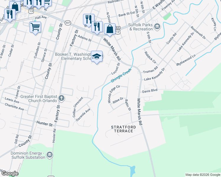map of restaurants, bars, coffee shops, grocery stores, and more near 1222 Woods Edge Circle in Suffolk