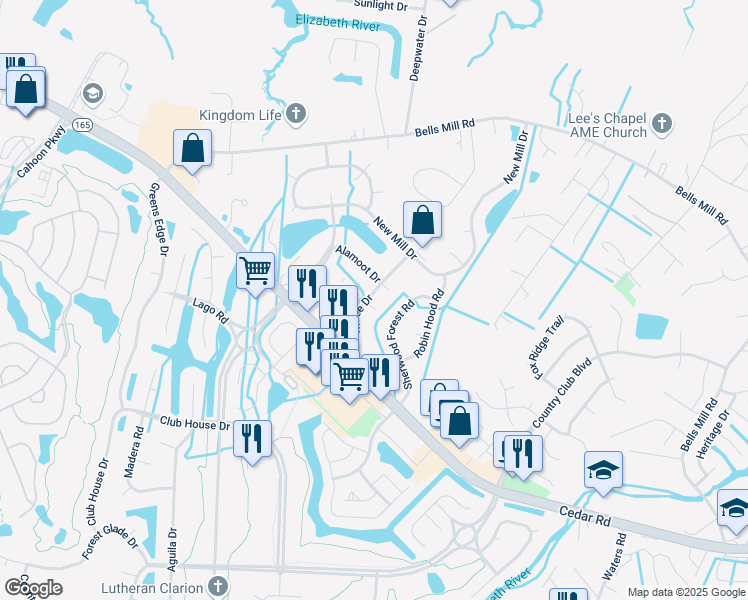 map of restaurants, bars, coffee shops, grocery stores, and more near 1107 Rountree Court in Chesapeake