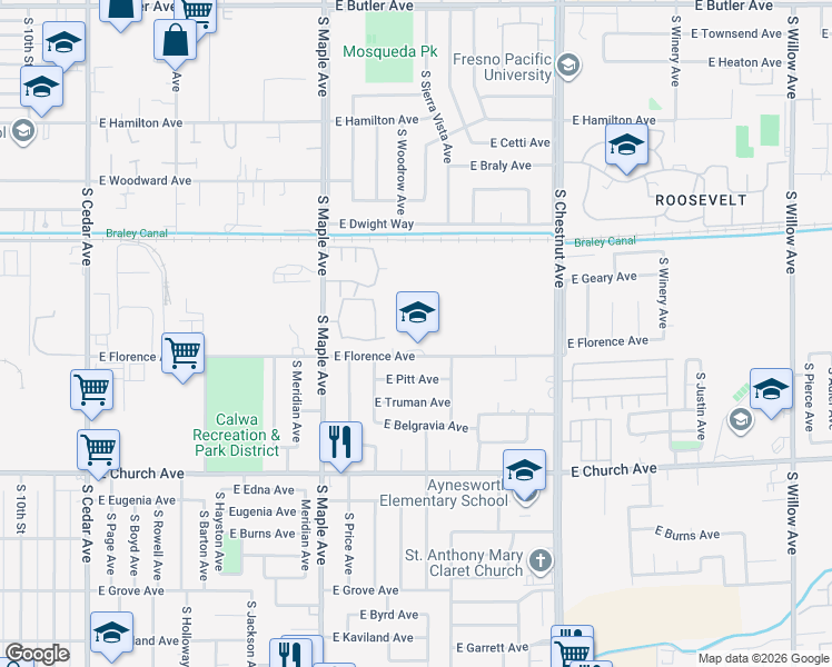 map of restaurants, bars, coffee shops, grocery stores, and more near 4625 East Florence Avenue in Fresno