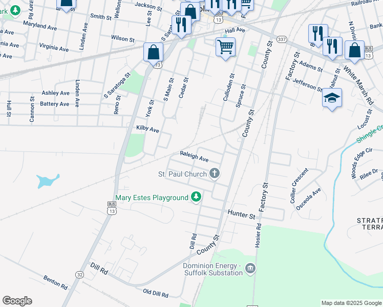 map of restaurants, bars, coffee shops, grocery stores, and more near 116 Raleigh Avenue in Suffolk