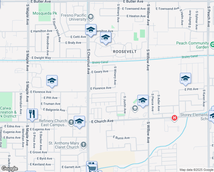 map of restaurants, bars, coffee shops, grocery stores, and more near 2271 South Laureen Avenue in Fresno