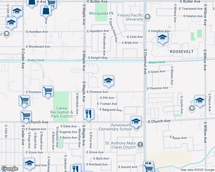 map of restaurants, bars, coffee shops, grocery stores, and more near 4621-4699 E Florence Ave in Fresno
