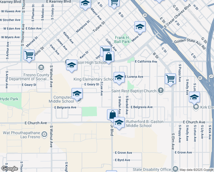 map of restaurants, bars, coffee shops, grocery stores, and more near 2235 South Martin Luther King Junior Boulevard in Fresno