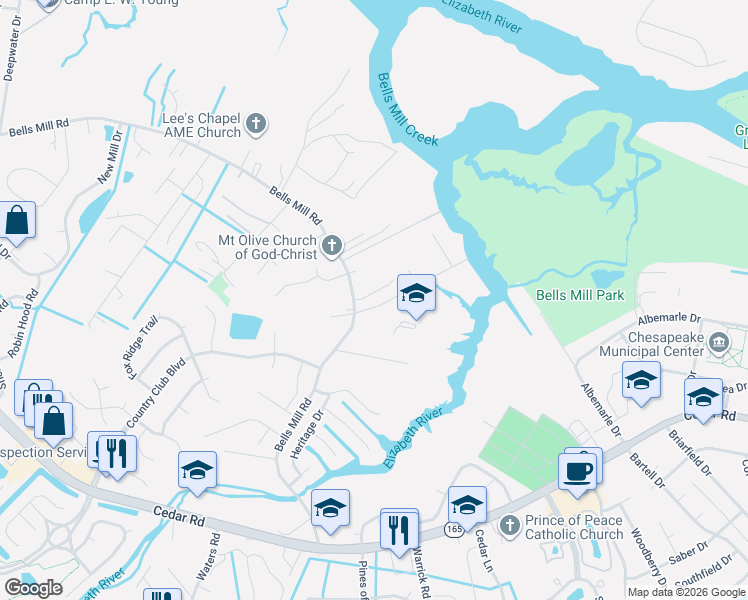 map of restaurants, bars, coffee shops, grocery stores, and more near 728 Luther Street in Chesapeake
