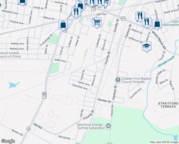 map of restaurants, bars, coffee shops, grocery stores, and more near 215 Columbus Avenue in Suffolk