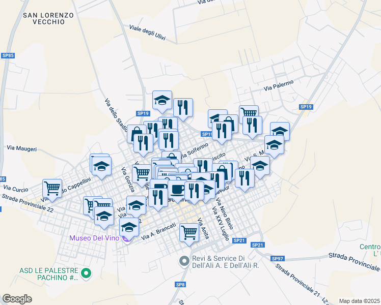 map of restaurants, bars, coffee shops, grocery stores, and more near 68 Via Solferino in Pachino