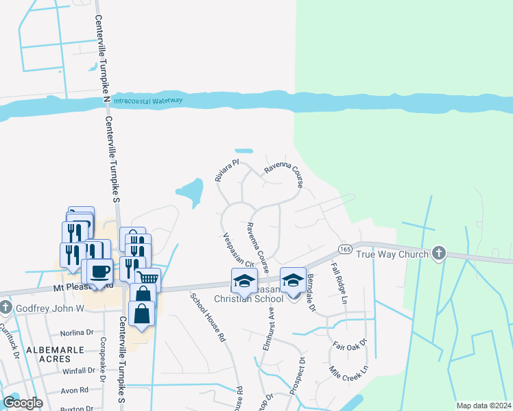 map of restaurants, bars, coffee shops, grocery stores, and more near 521 Vespasian Circle in Chesapeake