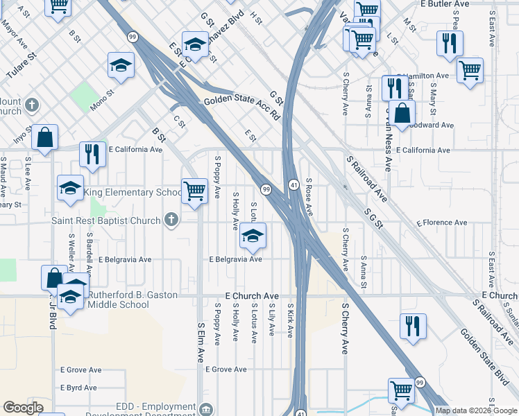 map of restaurants, bars, coffee shops, grocery stores, and more near 2259 South Lotus Avenue in Fresno