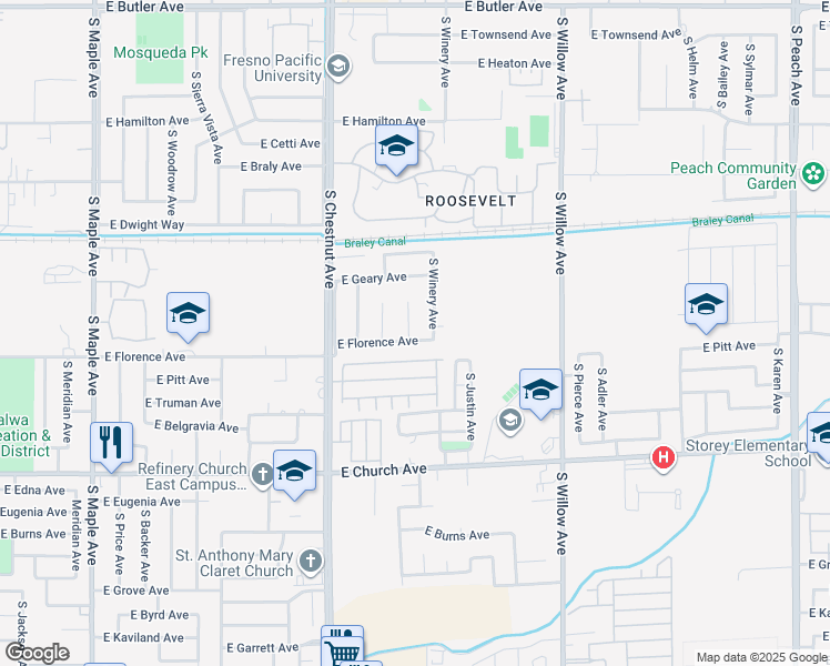 map of restaurants, bars, coffee shops, grocery stores, and more near 2271 South Laureen Avenue in Fresno