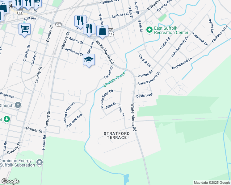 map of restaurants, bars, coffee shops, grocery stores, and more near 1205 Woods Edge Circle in Suffolk