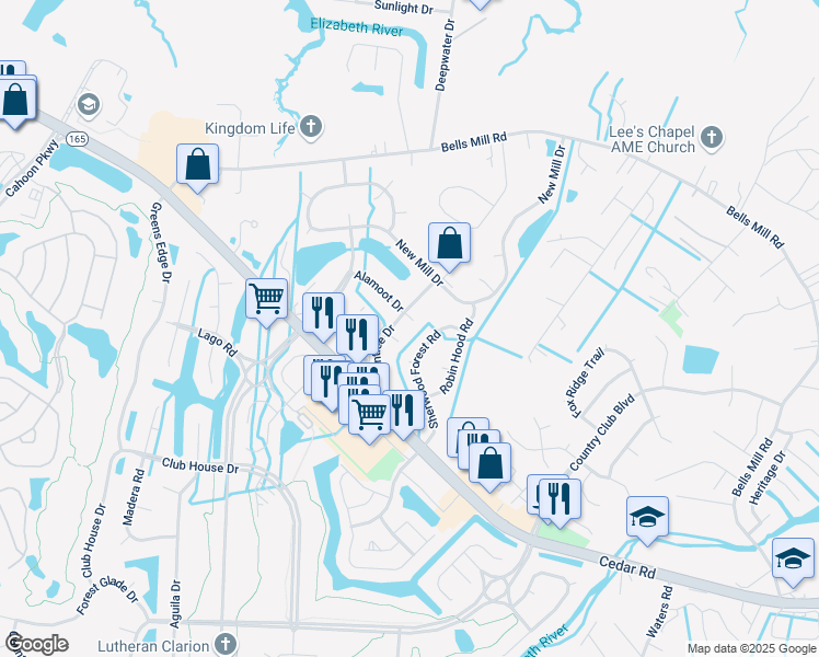 map of restaurants, bars, coffee shops, grocery stores, and more near 1107 Rountree Court in Chesapeake