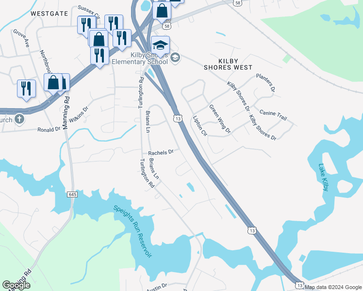 map of restaurants, bars, coffee shops, grocery stores, and more near 2103 Brian's Lane in Suffolk
