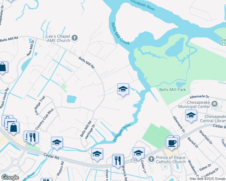 map of restaurants, bars, coffee shops, grocery stores, and more near 728 Luther Street in Chesapeake