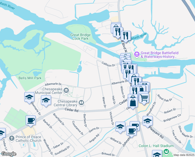 map of restaurants, bars, coffee shops, grocery stores, and more near 140 Mann Drive in Chesapeake