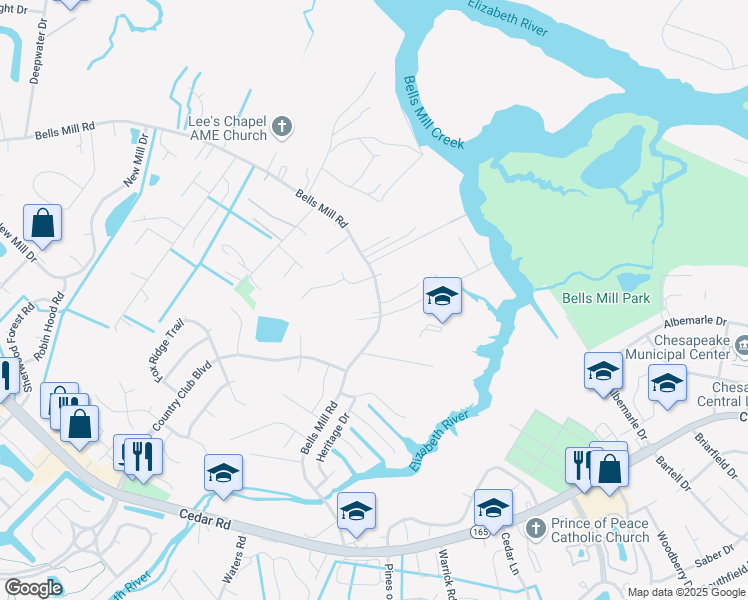 map of restaurants, bars, coffee shops, grocery stores, and more near 909 Bells Mill Road in Chesapeake