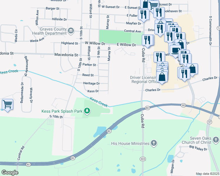 map of restaurants, bars, coffee shops, grocery stores, and more near 1706 Murray Street in Mayfield