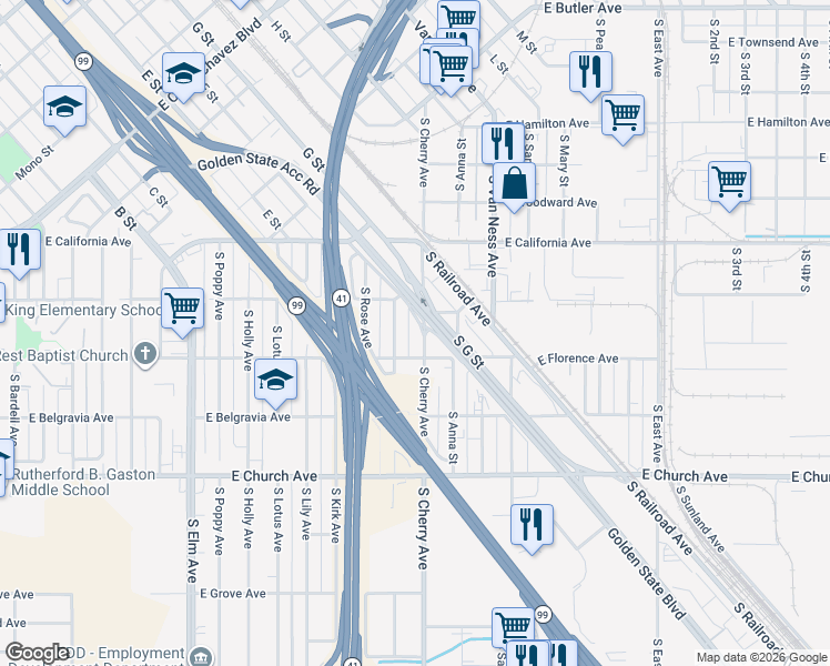 map of restaurants, bars, coffee shops, grocery stores, and more near 2251 South Nicholas Avenue in Fresno