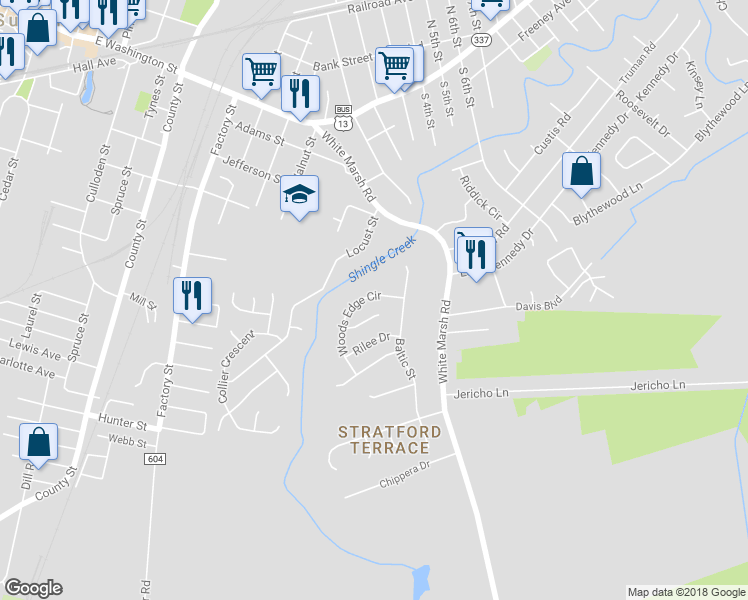 map of restaurants, bars, coffee shops, grocery stores, and more near 1209 Woods Edge Circle in Suffolk