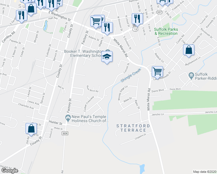 map of restaurants, bars, coffee shops, grocery stores, and more near 227 Locust Street in Suffolk