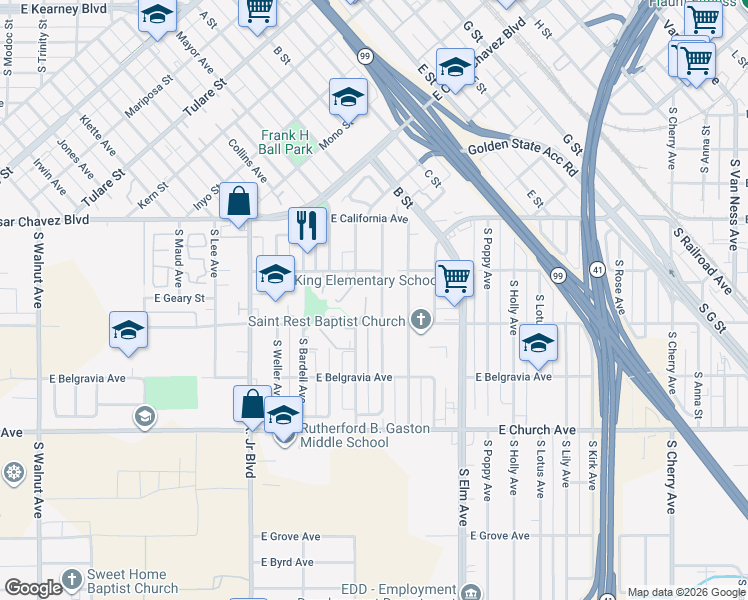 map of restaurants, bars, coffee shops, grocery stores, and more near 2252 South Eunice Avenue in Fresno