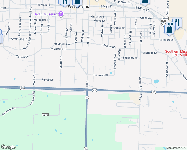 map of restaurants, bars, coffee shops, grocery stores, and more near 900 South Curry Street in West Plains