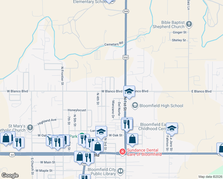 map of restaurants, bars, coffee shops, grocery stores, and more near 20 West Blanco Boulevard in Bloomfield