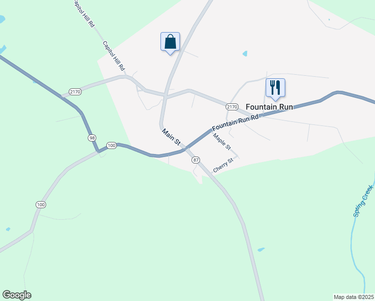 map of restaurants, bars, coffee shops, grocery stores, and more near Akersville Road in Fountain Run